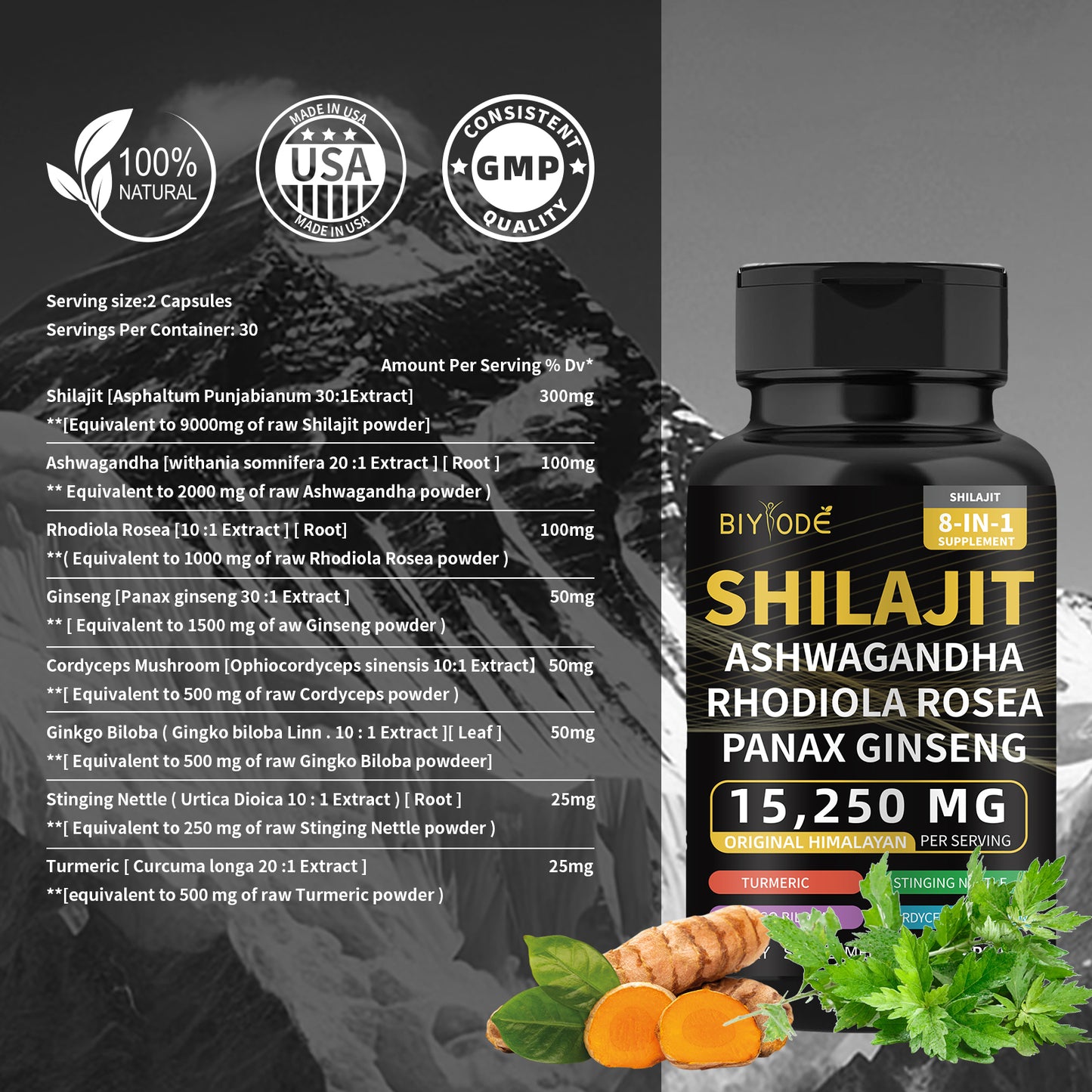 Biyode Effective Formula Ready Stock Fast Shipping Wholesale Pure Natural Himalayan Shilajit Capsules With Ashwagandha Ginseng Healthcare Vitamin 8 In 1 Energy Supplement
