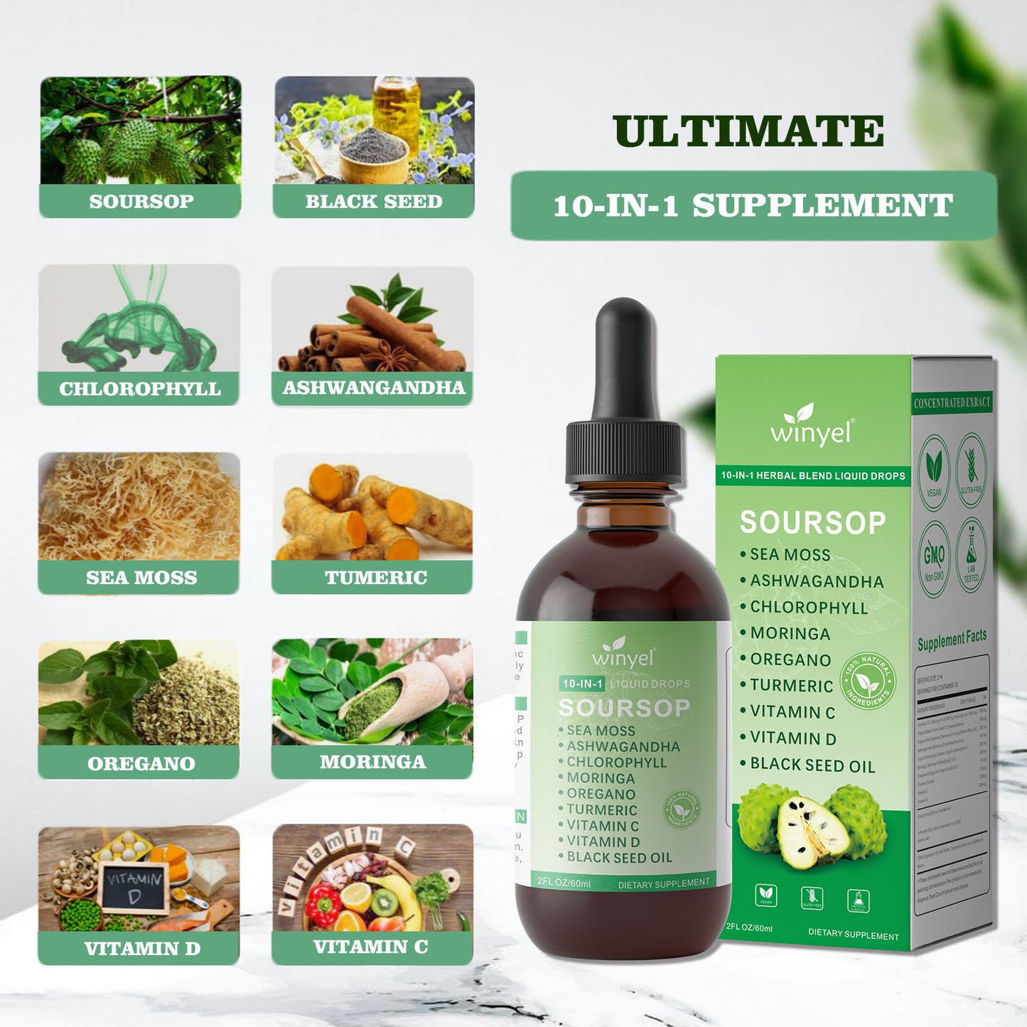 Soursop Drops 10-in-1 With Seaweed, Moringa, Black Seed Oil, Oregano, Ashwagandha, Chlorophyll Herbal Extracts Promote Overall Health Vegan 2 Fl Oz