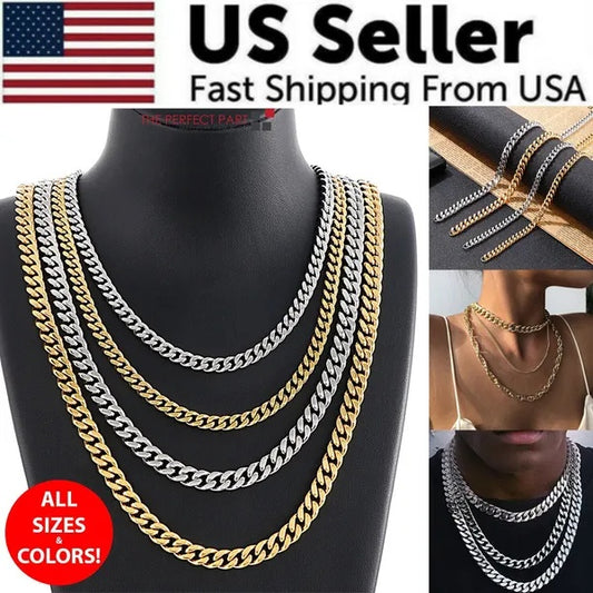 Stainless Steel Gold Silver Chain Cuban Curb Womens Mens Necklace