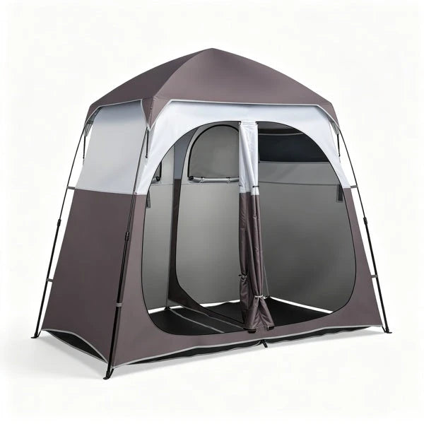 2-Person Up Changing Tent, Dark Brown Portable Outdoor Shower Tent With 2 Rooms 2 Doors, Instant Setup Privacy Shelter With Mesh Windows, Carry Bag Included, For Camping Beach Hiking