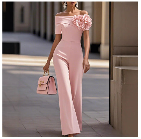Womens Off-the-Shoulder 3D Floral Patchwork Wide-Leg Jumpsuit