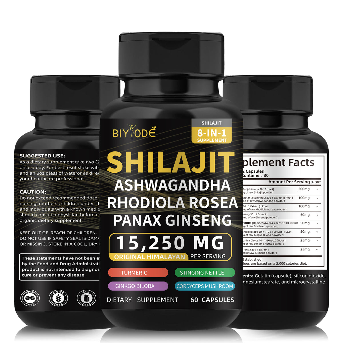 Biyode Effective Formula Ready Stock Fast Shipping Wholesale Pure Natural Himalayan Shilajit Capsules  With Ashwagandha Ginseng Healthcare Vitamin 8 In 1 Energy Supplement