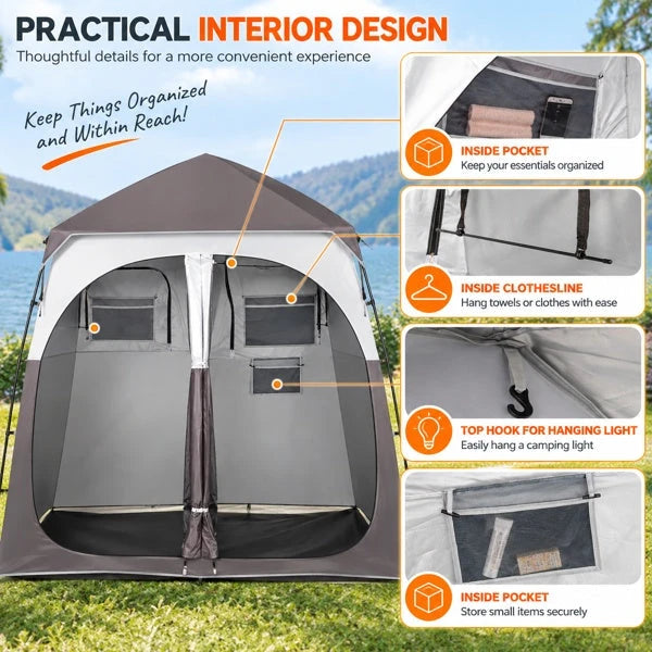 2-Person Up Changing Tent, Dark Brown Portable Outdoor Shower Tent With 2 Rooms 2 Doors, Instant Setup Privacy Shelter With Mesh Windows, Carry Bag Included, For Camping Beach Hiking