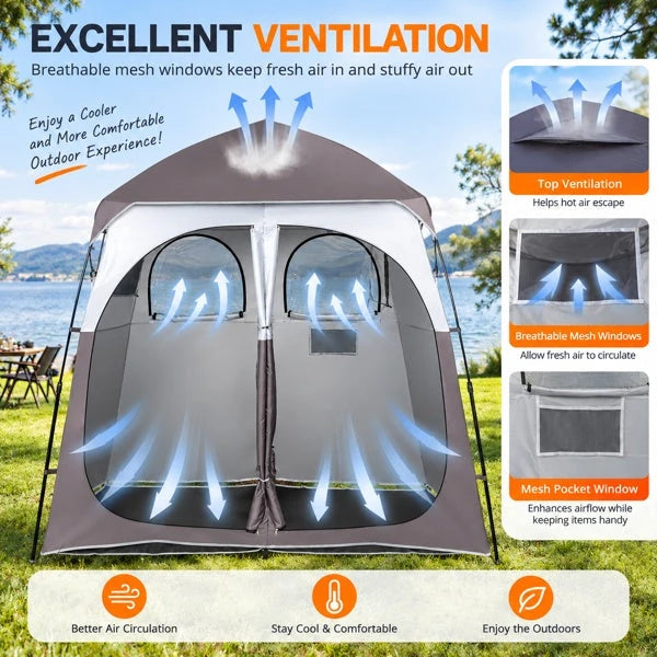 2-Person Up Changing Tent, Dark Brown Portable Outdoor Shower Tent With 2 Rooms 2 Doors, Instant Setup Privacy Shelter With Mesh Windows, Carry Bag Included, For Camping Beach Hiking