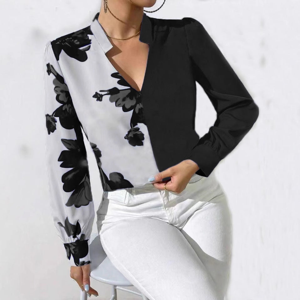 Printed Blouse V-neck Long Sleeve Women's Blouse