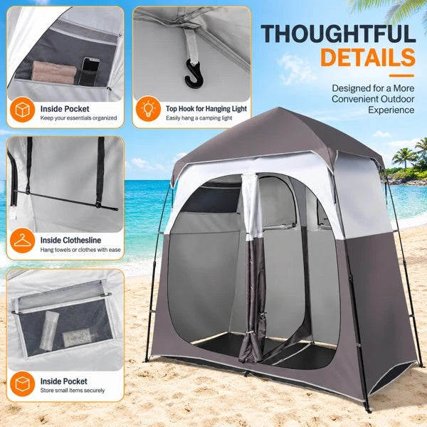 2-Person Up Changing Tent, Dark Brown Portable Outdoor Shower Tent With 2 Rooms 2 Doors, Instant Setup Privacy Shelter With Mesh Windows, Carry Bag Included, For Camping Beach Hiking