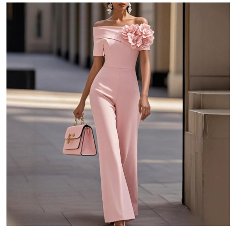 Womens Off-the-Shoulder 3D Floral Patchwork Wide-Leg Jumpsuit