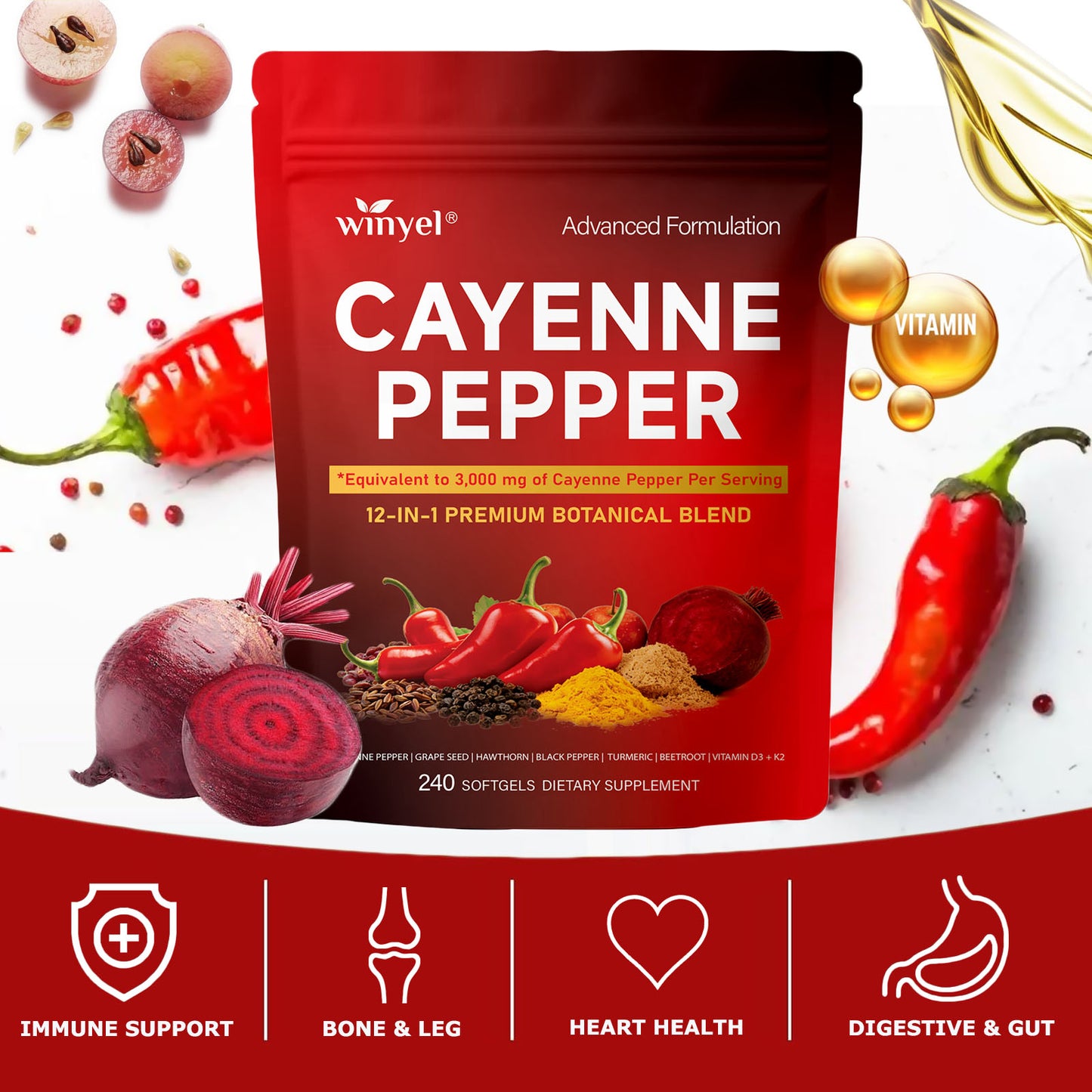 Chili Pepper Softgel Supplement To Support Leg Vein, Heart, And Vascular Health. Contains Vitamins C, D3, And K2, As Well As Extracts Of Grape Seed, Hawthorn, Cinnamon, And Beetroot 240 Softgels