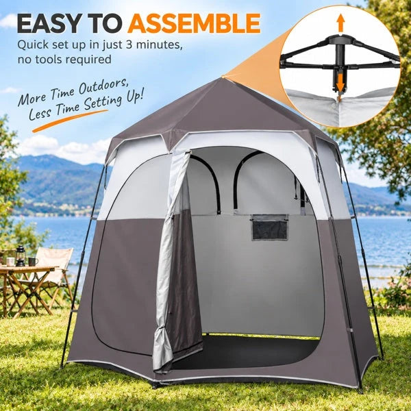 2-Person Up Changing Tent, Dark Brown Portable Outdoor Shower Tent With 2 Rooms 2 Doors, Instant Setup Privacy Shelter With Mesh Windows, Carry Bag Included, For Camping Beach Hiking
