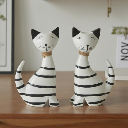 Nordic-style Minimalist Wooden Black-and-white Striped Cat Figurine Set Of Two