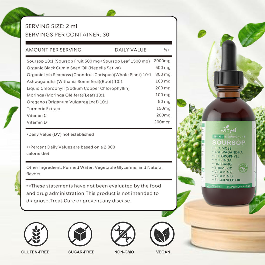 Soursop Drops 10-in-1 With Seaweed, Moringa, Black Seed Oil, Oregano, Ashwagandha, Chlorophyll  Herbal Extracts Promote Overall Health  Vegan 2 Fl Oz