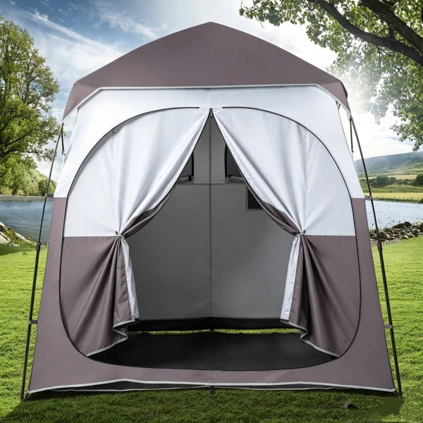 2-Person Up Changing Tent, Dark Brown Portable Outdoor Shower Tent With 2 Rooms 2 Doors, Instant Setup Privacy Shelter With Mesh Windows, Carry Bag Included, For Camping Beach Hiking