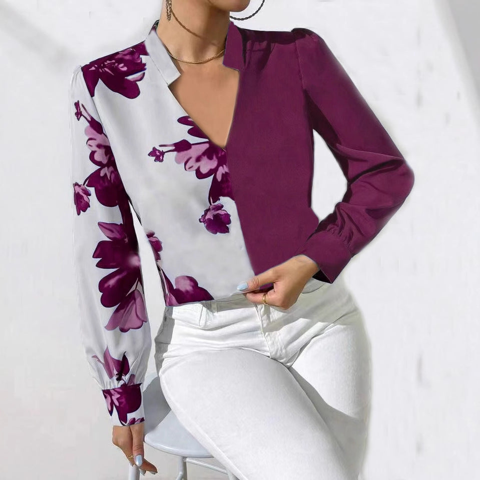 Printed Blouse V-neck Long Sleeve Women's Blouse