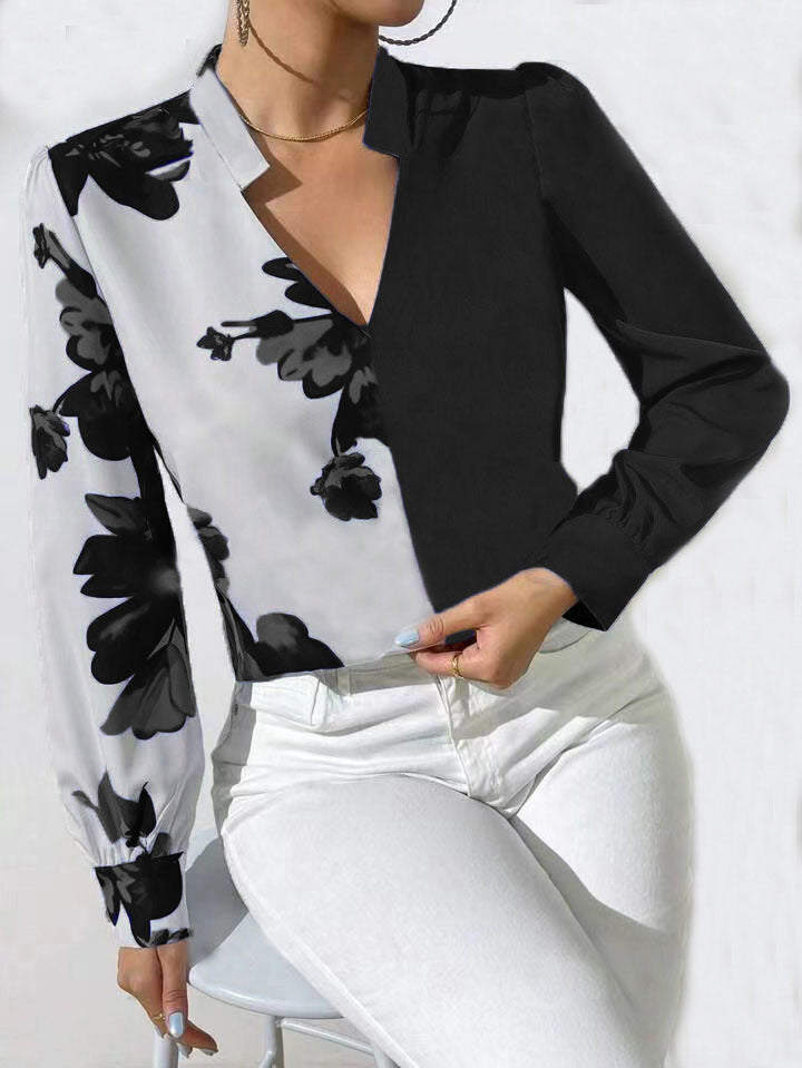 Printed Blouse V-neck Long Sleeve Women's Blouse