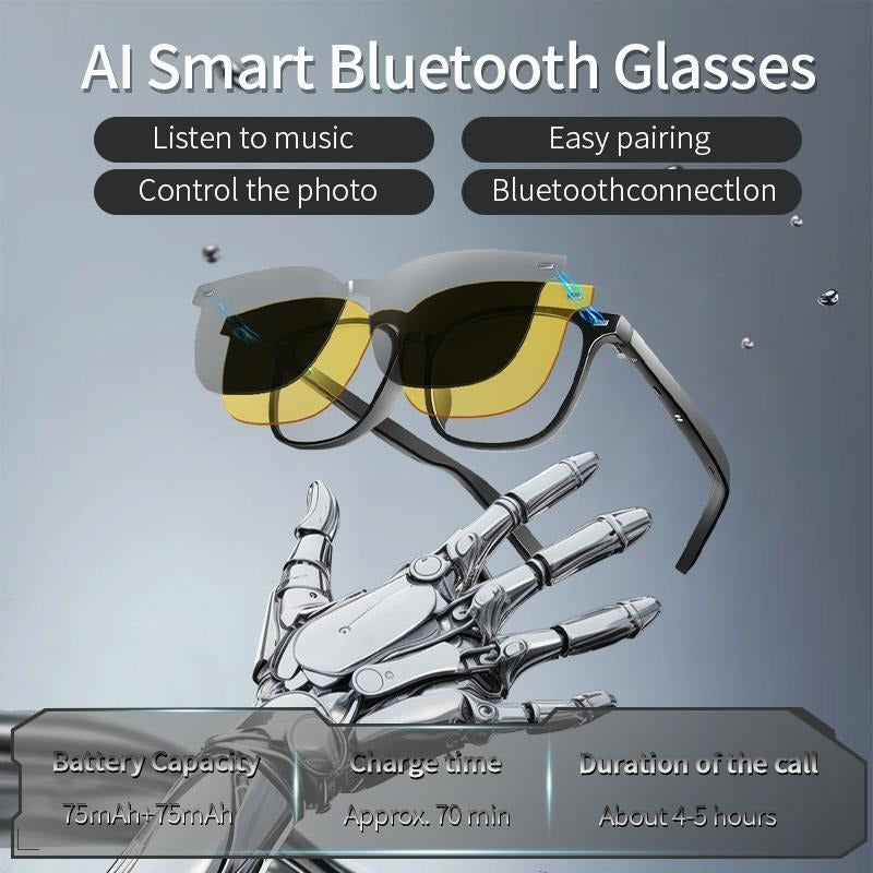 Smart AI Bluetooth Glasses With Magnetic Interchangeable Lenses- UV&Blue Light&Night Vision, Open Ear Speakers, Touch Control, 8H Battery