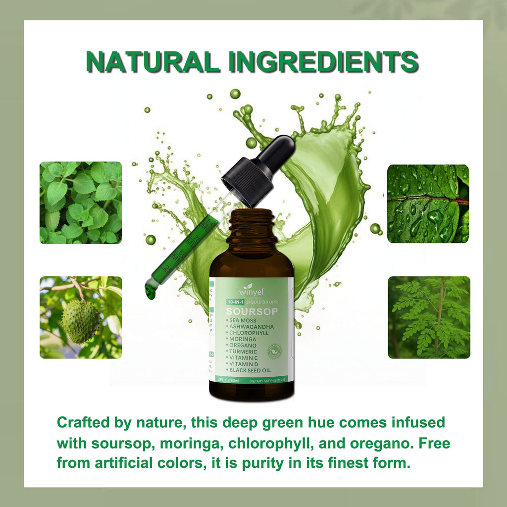 Soursop Drops 10-in-1 With Seaweed, Moringa, Black Seed Oil, Oregano, Ashwagandha, Chlorophyll  Herbal Extracts Promote Overall Health  Vegan 2 Fl Oz