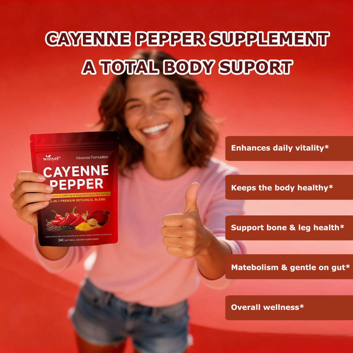 Chili Pepper Softgel Supplement To Support Leg Vein, Heart, And Vascular Health. Contains Vitamins C, D3, And K2, As Well As Extracts Of Grape Seed, Hawthorn, Cinnamon, And Beetroot 240 Softgels