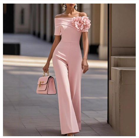 Womens Off-the-Shoulder 3D Floral Patchwork Wide-Leg Jumpsuit