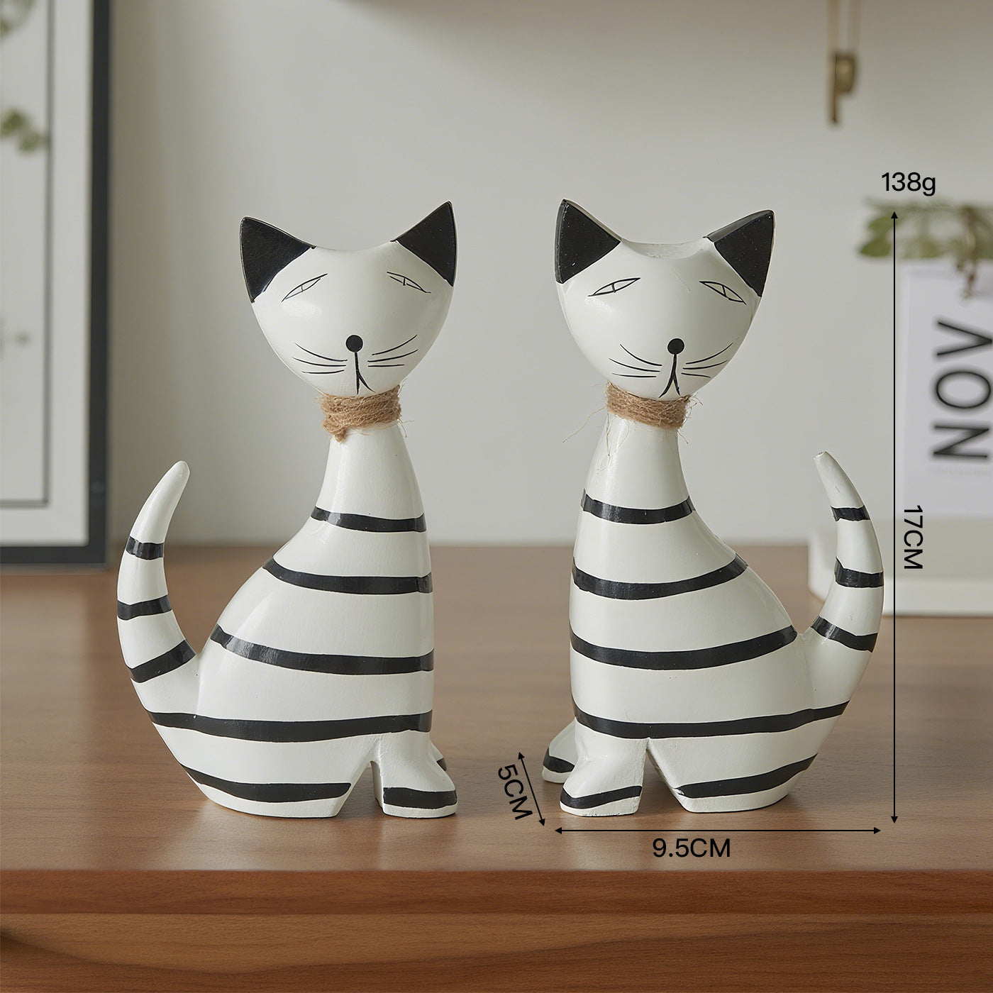 Nordic-style Minimalist Wooden Black-and-white Striped Cat Figurine Set Of Two