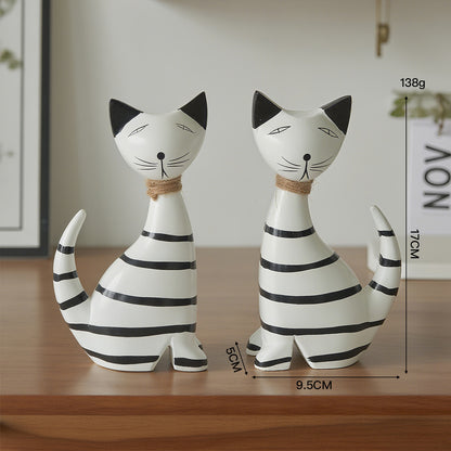 Nordic-style Minimalist Wooden Black-and-white Striped Cat Figurine Set Of Two