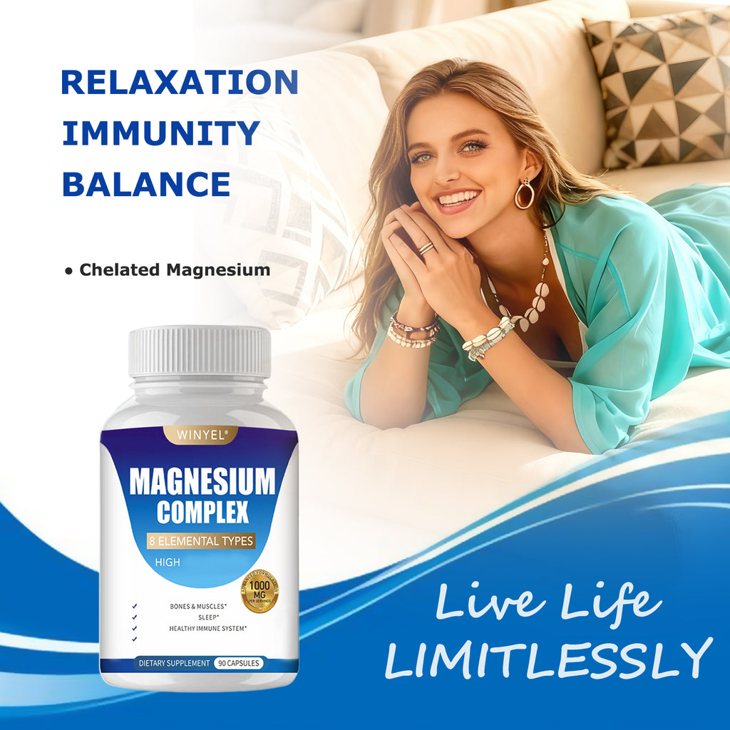 MAGNESIUM COMPLEX Wellness Capsules With Malate & Glycinate And 8 ELEMENTAL MAGNESIUM, Supports Health 90 Capsules, Dietary Supplement.