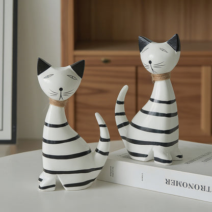 Nordic-style Minimalist Wooden Black-and-white Striped Cat Figurine Set Of Two