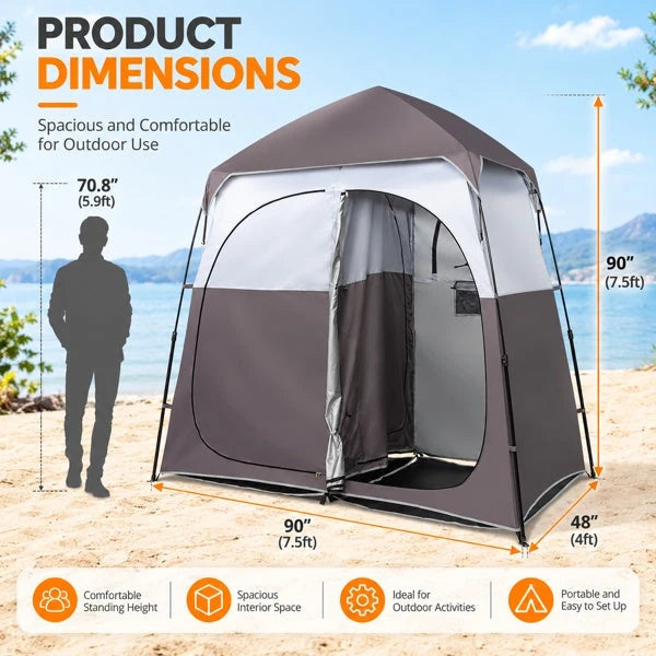 2-Person Up Changing Tent, Dark Brown Portable Outdoor Shower Tent With 2 Rooms 2 Doors, Instant Setup Privacy Shelter With Mesh Windows, Carry Bag Included, For Camping Beach Hiking